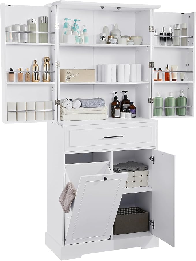 72.6" Storage Cabinet with Drawer and Door Shelf, Tilt-Out Laundry Hamper, Tall Freestanding Pantry Organizer Rack for Kitchen, Living Room or Bathroom, White