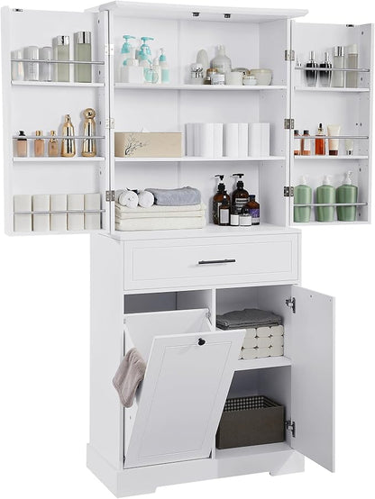 72.6" Storage Cabinet with Drawer and Door Shelf, Tilt-Out Laundry Hamper, Tall Freestanding Pantry Organizer Rack for Kitchen, Living Room or Bathroom, White