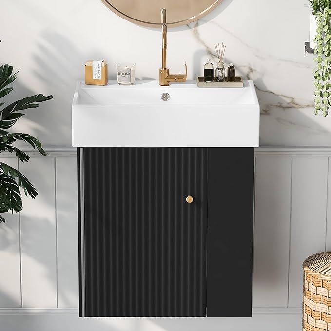 Harper & Bright Designs 21.6" Bathroom Vanity with Sink, Wall-Mounted Single Basin Vanity Set with Cabinet & Two-Tier Right Side Storage Shelf, Storage Cabinet with Ceramic Basin for Bathroom, Black