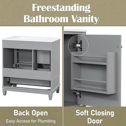 30" Vanity with Sink, Bathroom Vanities 30 Inch with Sink, Single Sink Bathroom Vanity with Shelf and Three Drawers, Soft Close Door, Restroom Vanity with Sink Top (Grey)