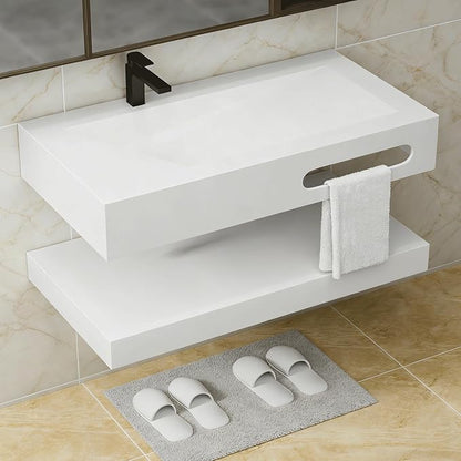 Wall-Mounted Resin Stone 36" Bathroom Sink, Seamless Integrated Vessel Sink with Sloped Design & Open Storage Shelf, Modern Floating Vanity for Bathrooms & Outdoor Spaces