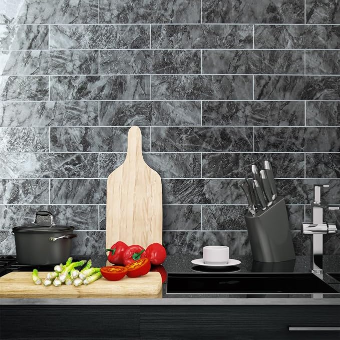 AULIGET 4-Piece Polished Dark Grey Marble Peel and Stick Backsplash Wall Tiles, 3" x 12" PVC Faux Stone Stick on Tiles for Backsplash Kitchen, Bathroom, Laundry Room, Camper, Fireplace