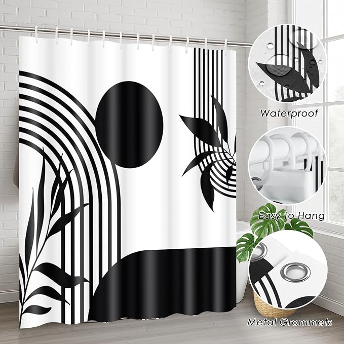 Bathroom Sets with Shower Curtain and Rugs, 4 Pcs, Boho Minimalist | Abstract Mid Century Geometric Bathroom Decor Set with Toilet Lid Cover, Non-Slip Bath Mats and 12 Hooks