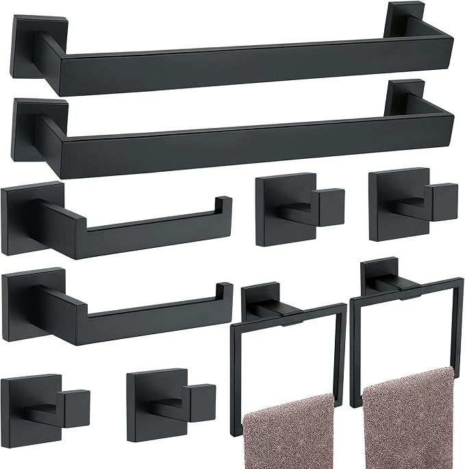 10 Pieces Bathroom Hardware Accessories Set Black, Bathroom Towel Rack Set SUS304 Stainless Steel, Square Bath Towel bar Set Heavy Duty, Wall Mounted