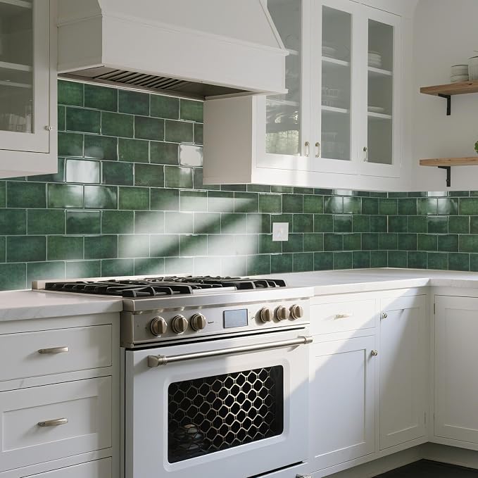 Art3d Faux Ceramic Tile Peel and Stick Backsplash, 10-Pack, Dark Green | 12.6 x 10.6 in, Thickened Design, Heavy-Duty, Strong Adhesive, for Kitchen, Bedroom, Countertop Decor, Ideal for Home Upgrade