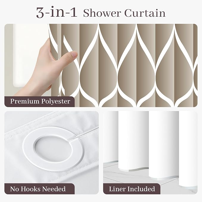 Gelbchu Cream No Hook Shower Curtain with Snap-in Liner, 71 x 74 Inch | Built-In Hooks, Mesh Top Window, Water-Repellent, Machine Washable, Quick Drying, Premium Polyester, Hotel Style, Modern