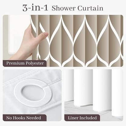 Gelbchu Cream No Hook Shower Curtain with Snap-in Liner, 71 x 74 Inch | Built-In Hooks, Mesh Top Window, Water-Repellent, Machine Washable, Quick Drying, Premium Polyester, Hotel Style, Modern