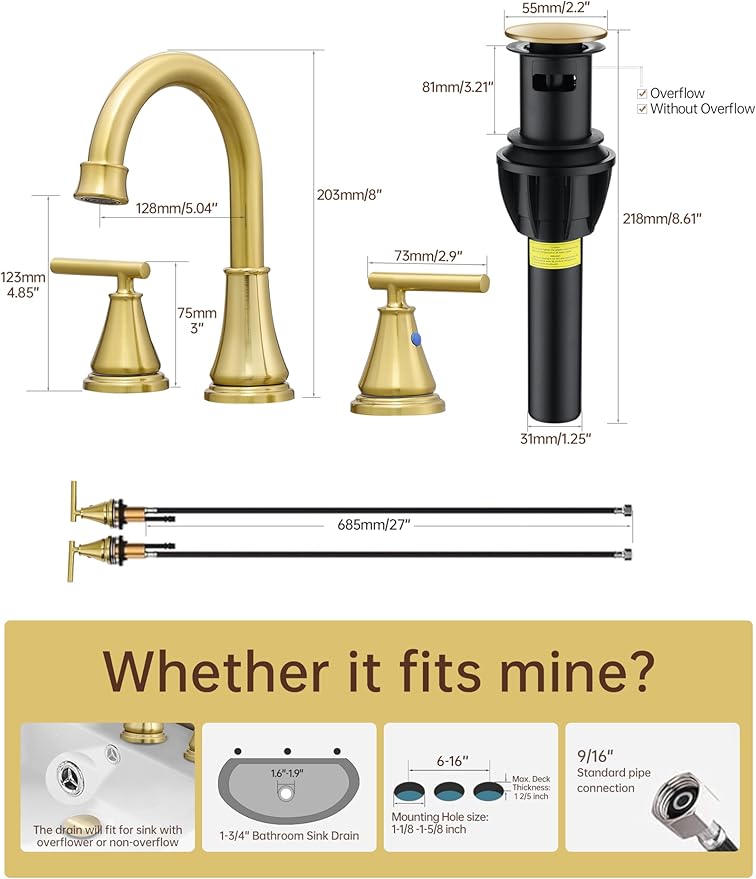 Fransiton Widespread Bathroom Sink Faucet 3 Hole, Brushed Gold Bathroom Faucet with Metal Pop-Up Drain, 2 Handle for 6-16" RV Vanity Sink