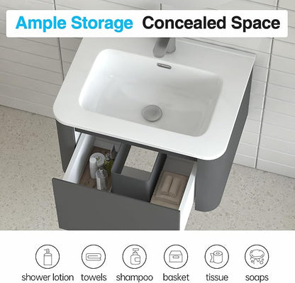Floating Bathroom Vanity with Sink, Nature Soild Wood Cabinet with Ceramic Basin, Extra Large Storage Drawer & Pre-Assembled Vanities for Bathroom, Powder Room (Grey A Style, 24")