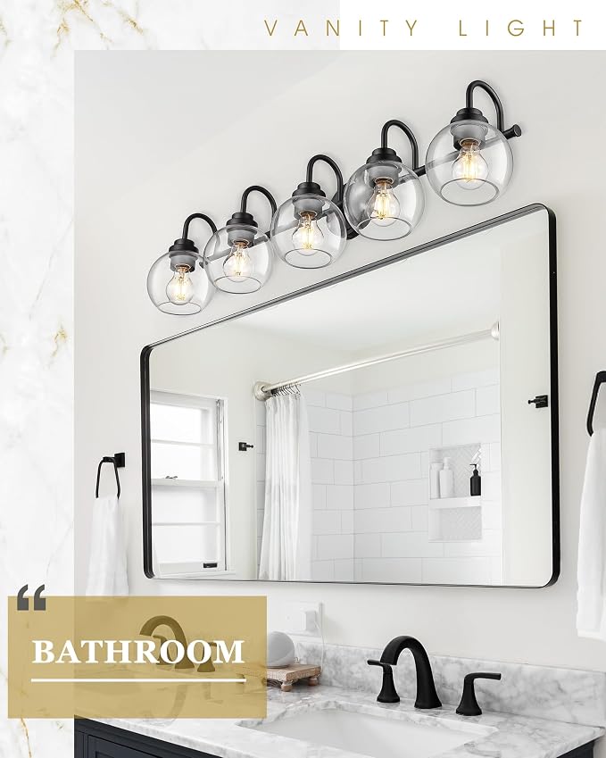 Bathroom Light Fixtures, 5-Light Matte Black Vanity Lights with Globe Clear Glass, 35 Inch Modern Vanity Lighting Fixtures Over Mirror, AD-22280-5W-BK