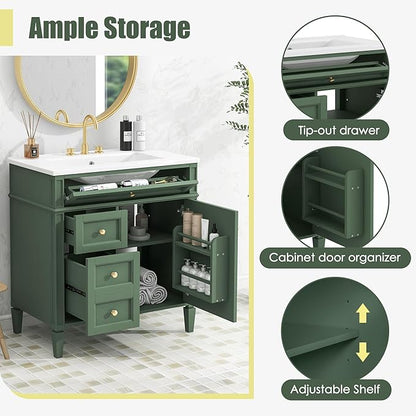 Merax 30 Inch Bathroom Vanity with Ceramic Sink, Solid Wood Frame Modern Bathroom Sink Storage Cabinet with 2 Drawers and a Tip-Out Drawer, Single Sink Bathroom Vanities, Green
