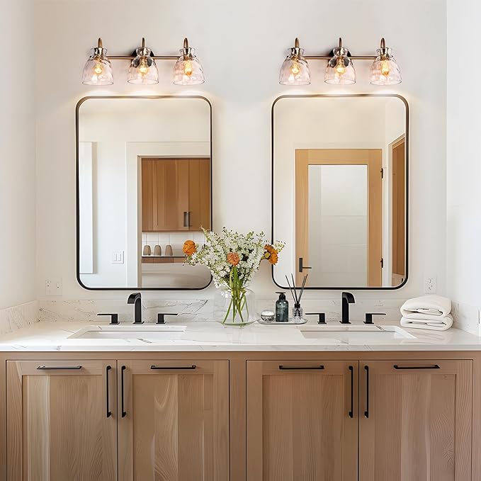 KSANA Modern Bathroom Light Fixtures, Vintage 3 Light Vanity Lights Over Mirror Black and Electroplated Brass Bathroom Vanity Light with Water Ripple Glass, 23" W