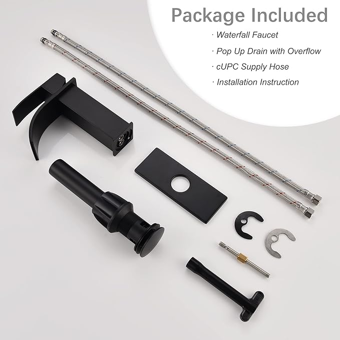 Black Waterfall Bathroom Faucet Single Hole, Bathroom Sink Faucet with Pop Up Drainer Assembly and Deck Plate for 3 Hole Installation JXM122BK