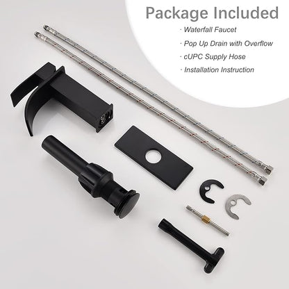Black Waterfall Bathroom Faucet Single Hole, Bathroom Sink Faucet with Pop Up Drainer Assembly and Deck Plate for 3 Hole Installation JXM122BK