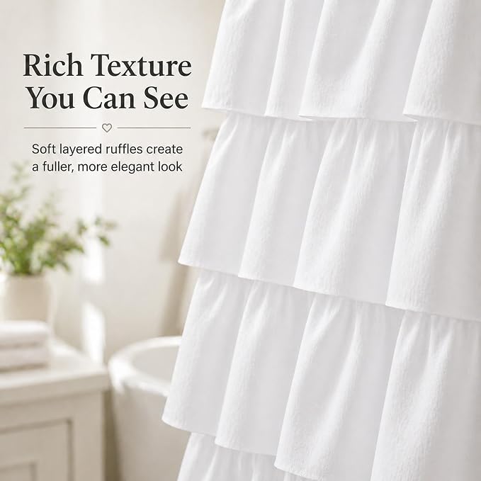 White Ruffle Shower Curtain for Bathroom, 72X84, Layered Ruffles Texture | Vintage Chic Farmhouse Style, 72 x 84 Inch, Soft Microfiber, 12 Hook Includ, Machine Washable Fabric, Affordable Luxury Feel