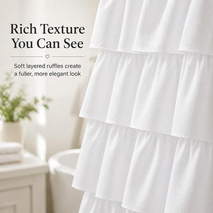 White Ruffle Shower Curtain for Bathroom, 72X84, Layered Ruffles Texture | Vintage Chic Farmhouse Style, 72 x 84 Inch, Soft Microfiber, 12 Hook Includ, Machine Washable Fabric, Affordable Luxury Feel