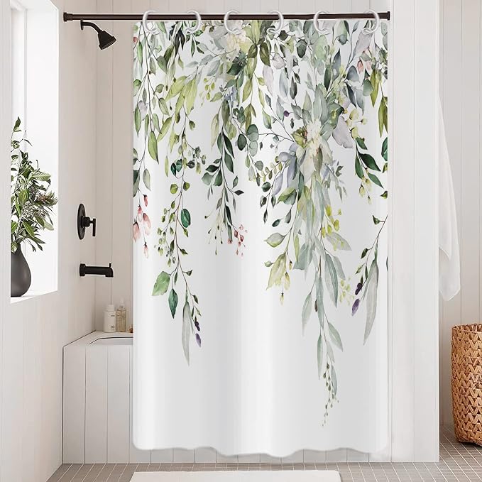 Eucalyptus Shower Curtain, Watercolor Green Leaves on The Top Plant with Floral Bathroom Curtain Bathtub Home Decor Waterproof Fabric Machine Washable with 12 Hooks, 72''Lx48''W, GCI-7426