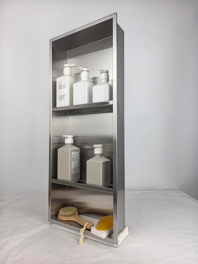 30 x 12 Inch Shower Niche, Brushed Stainless Steel Recessed Wall Niche, No Tile Needed Built-in Shower Shelf, 3-Tier Bathroom Storage Organizer, Waterproof Rustproof