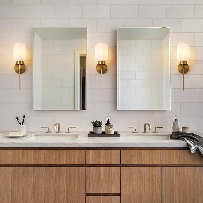 Gold Bathroom Wall Sconce, 1-Light Single Bathroom Vanity Light, Modern Brass Wall Sconce with Frosted Milk White Striped Glass Shade for Bedroom Hallway Entrance | Frosted Milk White Striped Glass Shade, Milk Glass Vanity Light for Bedroom Hallway Ent...