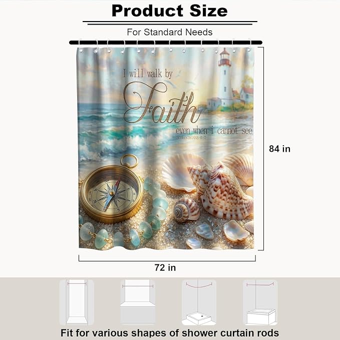 Luxury Beach Ocean Shower Curtain Modern Nautical Seashell Lighthouse | Nature Shower Curtains for Bathroom, Waterproof Bath Curtain with Hooks Machine Washable Bathtub Curtains 72x84 Inch Blue