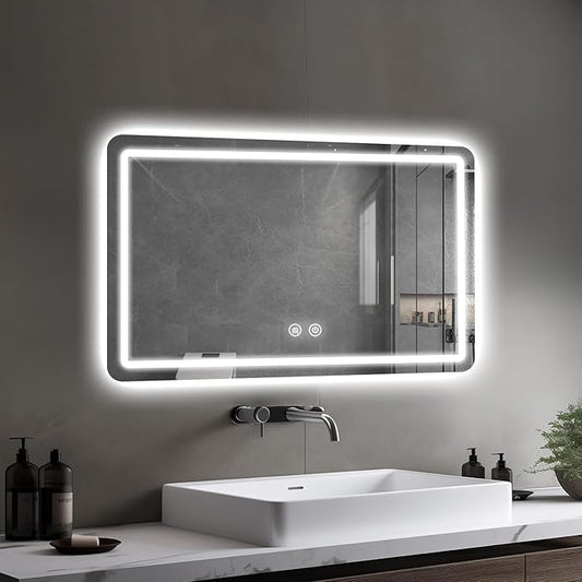 LED Bathroom Mirror, 36 x 24 Inch Anti-Fog Wall Mirror with Lights Stepless Dimmable, Lighted Bathroom Mirrors for Wall, Rectangle Bathroom Vanity Mirror with Front and Backlight, Horizontally Only