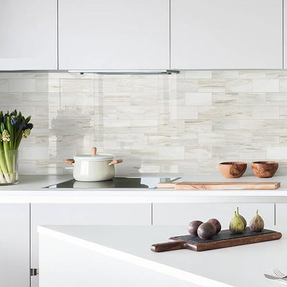 Vamos Tile 4-Piece Glossy Wooden Marble Grain Peel & Stick Backsplash Tile | 3''x6'' PVC Subway Tile with White Grout, Stick on Backsplash for Kitchen/Bathroom/Fireplace/Laundry/Camper