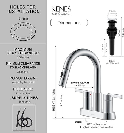 KENES Chrome Centerset Bathroom Faucet with Pull Down Sprayer, 4 Inch 2 Handle Pull Out Bathroom Faucet 3 Hole, Bathroom Sink Faucet with Pop Up Drain & Supply Lines LJ-9069-5