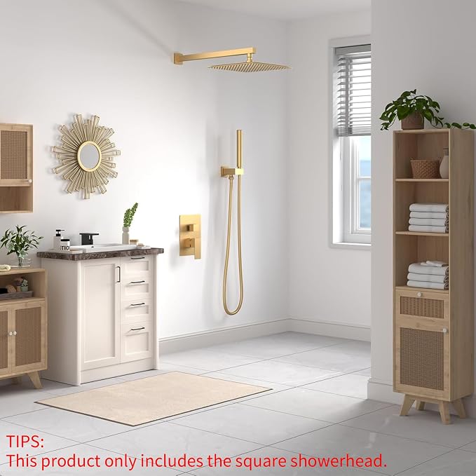 12 In Rain Shower Head High Pressure Rainfall Shower Head Brushed Gold | Square Rain Bathroom Showerhead, High Flow, Large Stainless Steel, Ceiling Mounted, Wall Mounted, Waterfall Full Body
