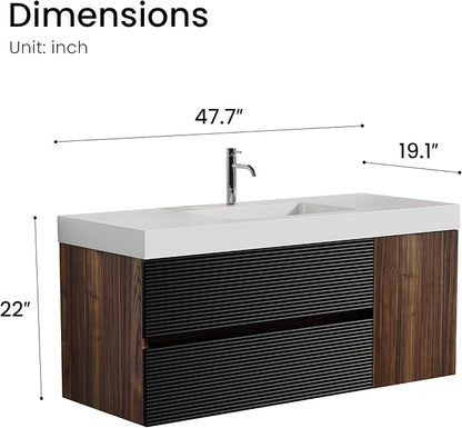 48 Inch Bathroom Vanity with Sink, Floating Bathroom Cabinet with 2 Soft-Closing Drawers & 1 Door, Large Storage for Apartment, Hotel, Walnut+Black, White Sink(Already Assembled)
