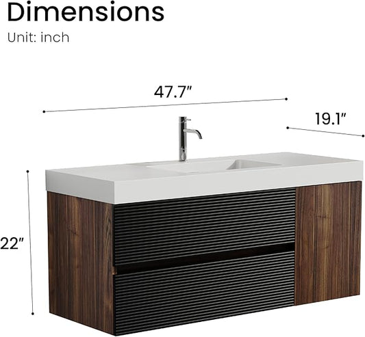 48 Inch Bathroom Vanity with Sink, Floating Bathroom Cabinet with 2 Soft-Closing Drawers & 1 Door, Large Storage for Apartment, Hotel, Walnut+Black, White Sink(Already Assembled)