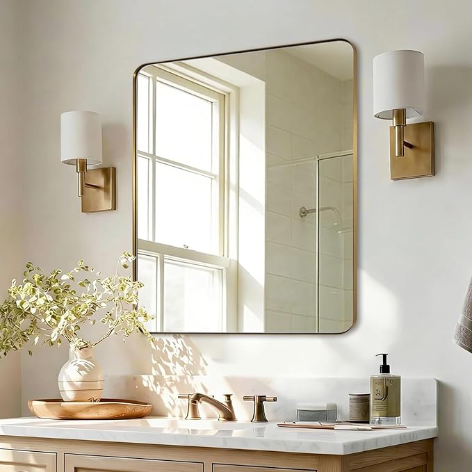 Gold Bathroom Mirrors for Over Sink, 24x30 Inch Brushed Gold Wall Mirror, Rectangular Metal Framed Vanity Mirror -Modern Clean Design with Superior Stainless Steel Frame