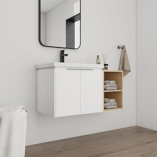 36" Bathroom Vanity with Sink, 36 Inch Floating Bathroom Vanity, Modern Bathroom Vanity, White Wall Mounted Cabinet Set(074WH, 36'' X 18'')