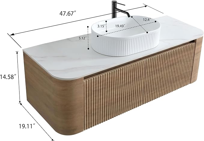 48" Preassembled Floating Bathroom Vanity with White Sink, Oak | Mid-Century Modern Style, Fluted & Soft-Close Drawer with U-shaped Wall, Sinterted Stone Countertop, Towel Rack Included