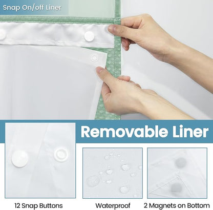 EUTXL Heavyweight Mint Green Long No Hook Shower Curtain with Snap in Liner,256GSM Waffle Weave Shower Curtains for Bathroom,71W x 86H