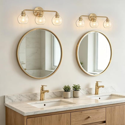 22 Inch Bathroom Light Fixtures Gold Vanity Light 3 Light Brushed Brass | Intrfimaso Wall Sconces Lighting with Clear Globe Glass Shades Bath Wall Lamp for Mirror Living Room Bedroom Hallway