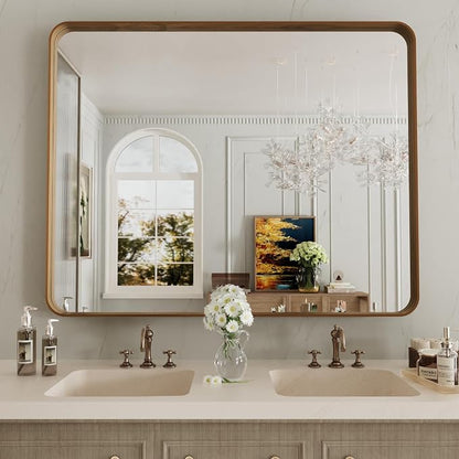 LOAAO 40X30 Inch Bathroom Mirror with Wood Grain Colored Metal Frame | Rounded Rectangle Metal Framed, Anti-Rust, Hangs Horizontally or Vertically, Tempered Glass