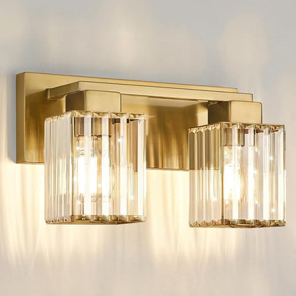Brushed Gold Bathroom Light Fixtures, 2-Light Vanity Light Over Mirror | Wall Sconces with Square Crystal Shades, E26 Socket, Modern Vanity Lights for Bathroom (Bulbs Not Included)