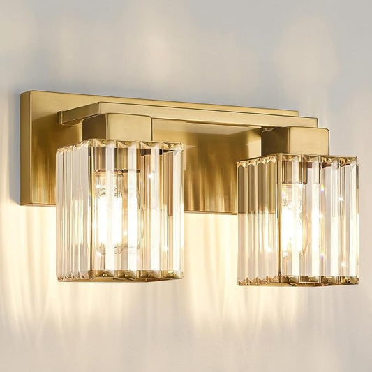 Brushed Gold Bathroom Light Fixtures, 2-Light Vanity Light Over Mirror | Wall Sconces with Square Crystal Shades, E26 Socket, Modern Vanity Lights for Bathroom (Bulbs Not Included)