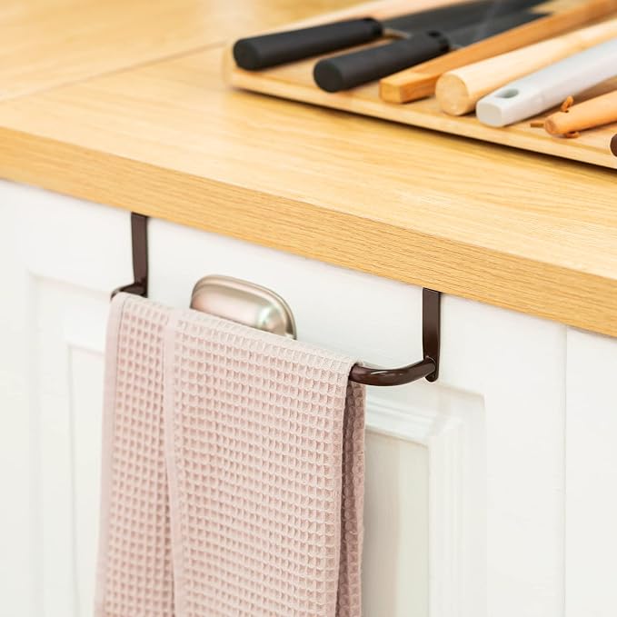 Patelai Over Cabinet Door Towel Bar, Metal Kitchen Rack,Brown | Hang Inside or Outside Cabinet for Hand Towels, No Drill Install, Bathroom Organizer, Saves Counter Space, Fits Doors