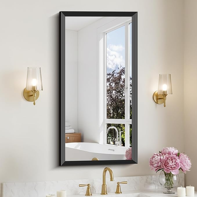 Black Bathroom Mirror 20 x 40 Inch Rectangle Wave Beveled Frame for Wall Bathroom Vanity Mirror for Over Sink, Tempered Glass,for Entryway Hangs, Bathroom Living Room Horizontal or Vertical