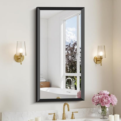 Black Bathroom Mirror 20 x 40 Inch Rectangle Wave Beveled Frame for Wall Bathroom Vanity Mirror for Over Sink, Tempered Glass,for Entryway Hangs, Bathroom Living Room Horizontal or Vertical