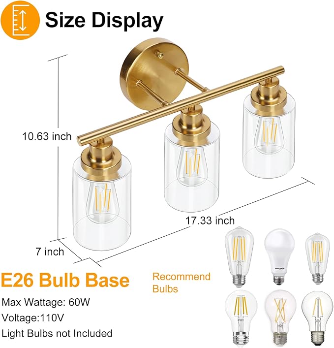 Bathroom Light Fixtures Gold Vanity Light 3 Light Wall Sconces Lighting Brushed Brass Lights with Clear Glass Shades Bath Wall Lamp for Mirror Kitchen