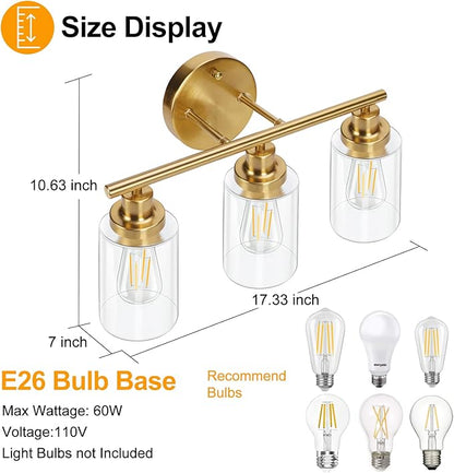 Bathroom Light Fixtures Gold Vanity Light 3 Light Wall Sconces Lighting Brushed Brass Lights with Clear Glass Shades Bath Wall Lamp for Mirror Kitchen