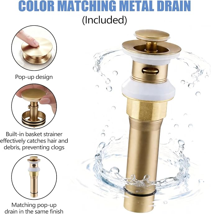 Gold Bathroom Faucet 3 Hole, 8 Inch Widespread Bathroom Sink Faucet for Vanity, 2 Handle Bathroom Faucets, Bathroom Vanity Faucet with Pop-Up Drain and Supply Hoses