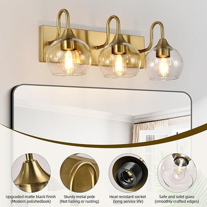 Bathroom Light Fixtures, 3-Light Brushed Gold Vanity Light Over Mirror, Modern Wall Sconces 21" with Clear Glass Globe Shade, Bathroom Wall Lights for Mirror Kitchen Bedroom Hallway