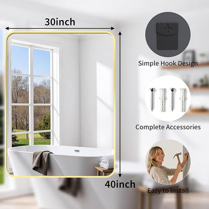 Bathroom Mirror for Wall, 30"x36" Black Bathroom Mirror for Over Sink, Shatterproof Tempered Glass Vanity Mirror with Anti-Rust Aluminum Alloy Frame, Hang Horizontally or Vertically, Gold