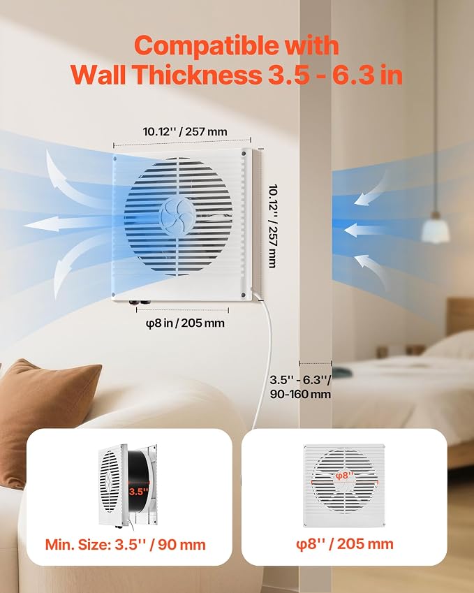 VEVOR Room to Room Fan, Two-Way Airflow Through-the-Wall Fan 8" with Temperature Control, 180 CFM Ventilation Quiet In-Wall Exhaust Vent Fans for Bathroom, Laundry Room and Indoor