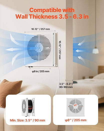 VEVOR Room to Room Fan, Two-Way Airflow Through-the-Wall Fan 8" with Temperature Control, 180 CFM Ventilation Quiet In-Wall Exhaust Vent Fans for Bathroom, Laundry Room and Indoor