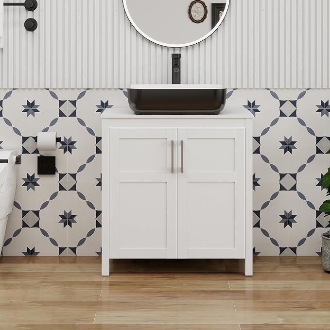 YOURLITE 30" Bathroom Vanity with Sink, White Bathroom Vanity with Faucet & Pop Up Drain Set,Traditional Vanity with with White & Black Ceramic Sink