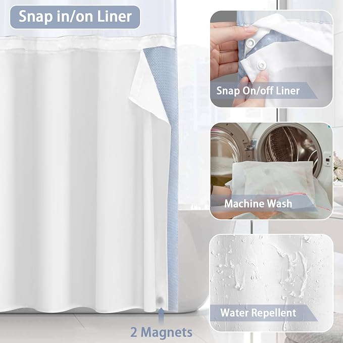 No Hook Shower Curtain and Liner Set,Mist Blue Hotel Waffle Shower Curtain with Liner 75" L x 72" W